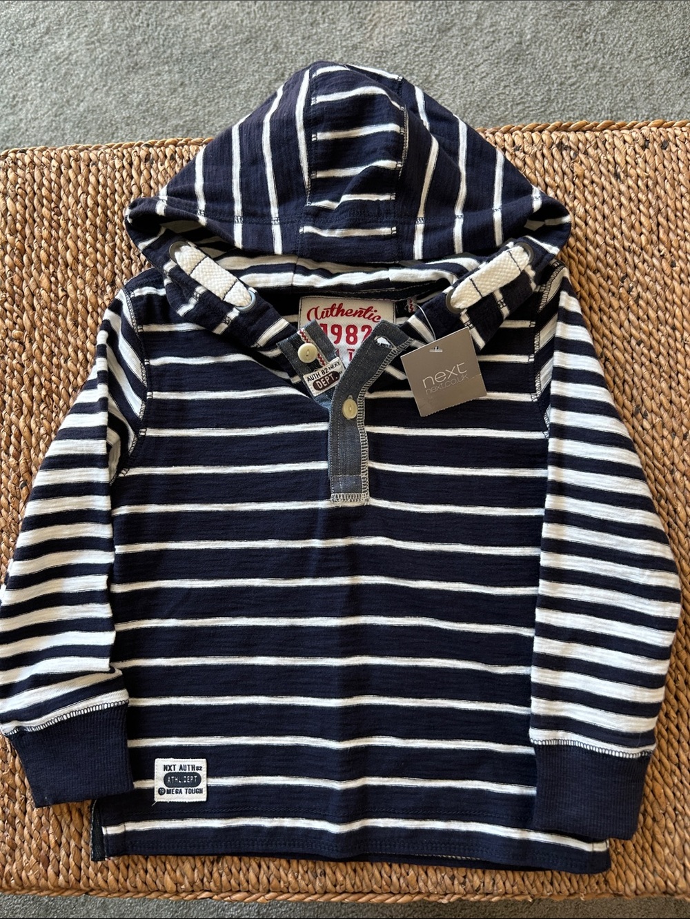 next Navy and White Striped Hooded Henley Top